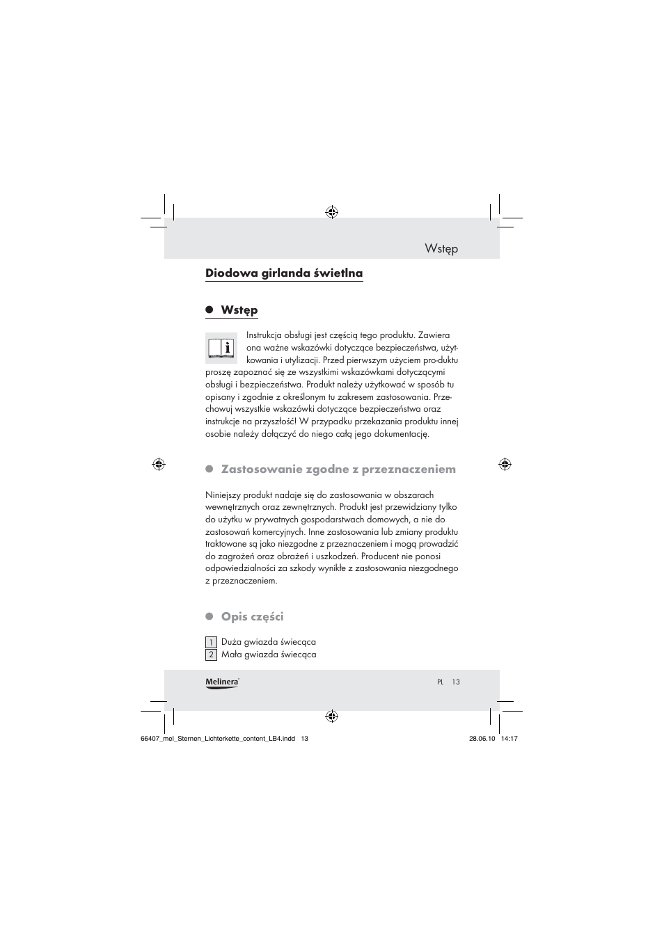 Wstęp, Diodowa girlanda świetlna, Zastosowanie zgodne z przeznaczeniem | Opis części | Melinera Z30171 User Manual | Page 11 / 60