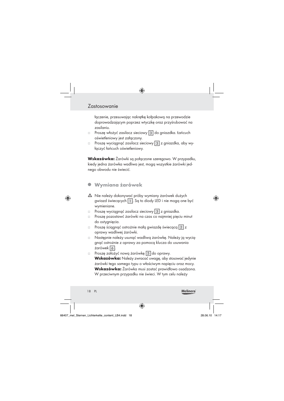 Zastosowanie, Wymiana żarόwek | Melinera Z30171 User Manual | Page 16 / 60