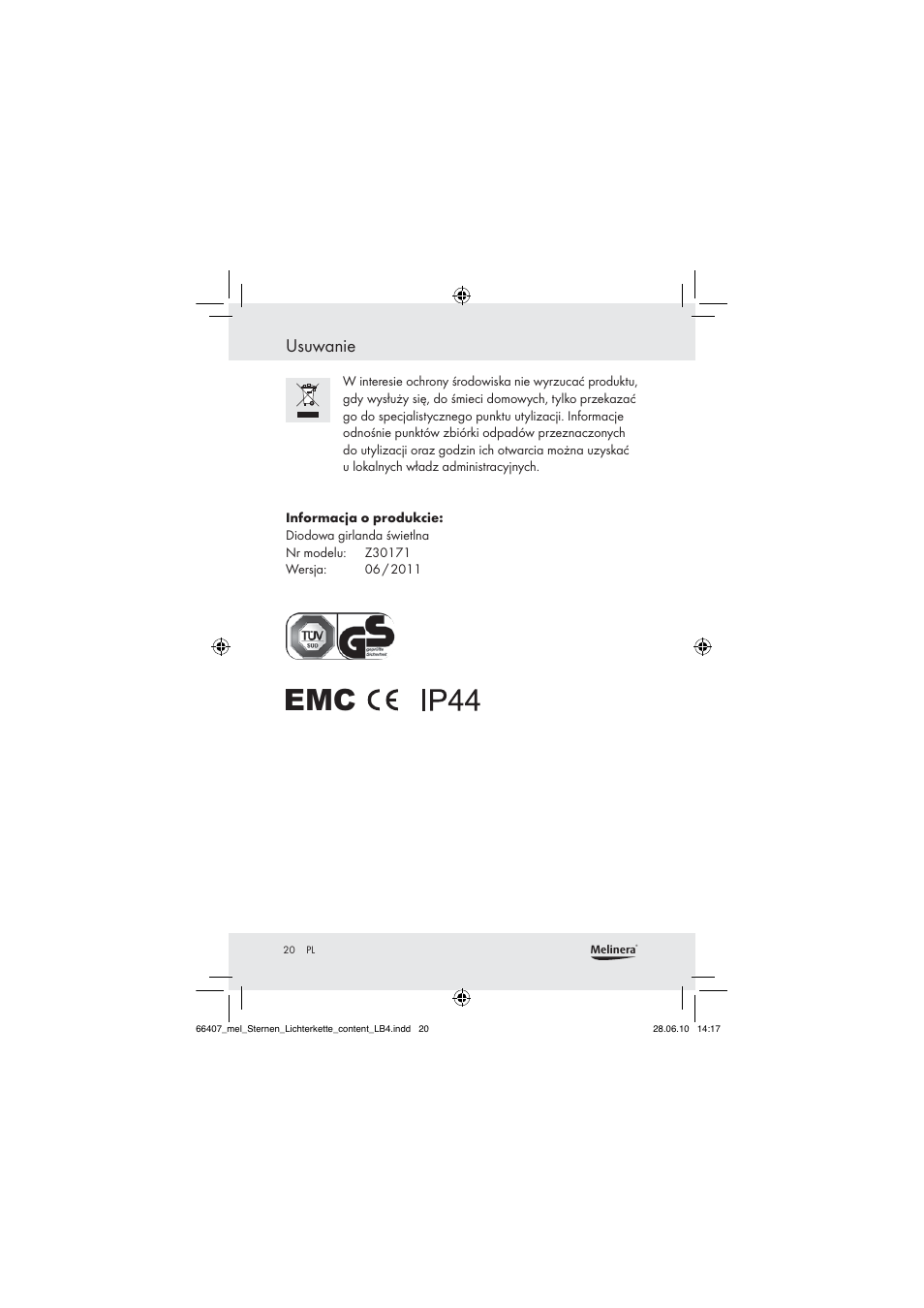 Usuwanie | Melinera Z30171 User Manual | Page 18 / 60