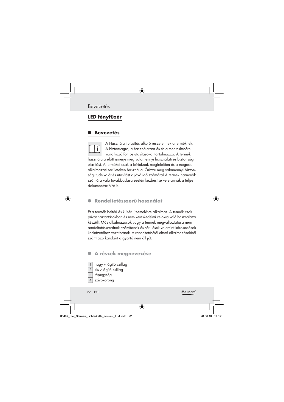 Bevezetés, Led fényfüzér, Rendeltetésszerű használat | A részek megnevezése | Melinera Z30171 User Manual | Page 20 / 60