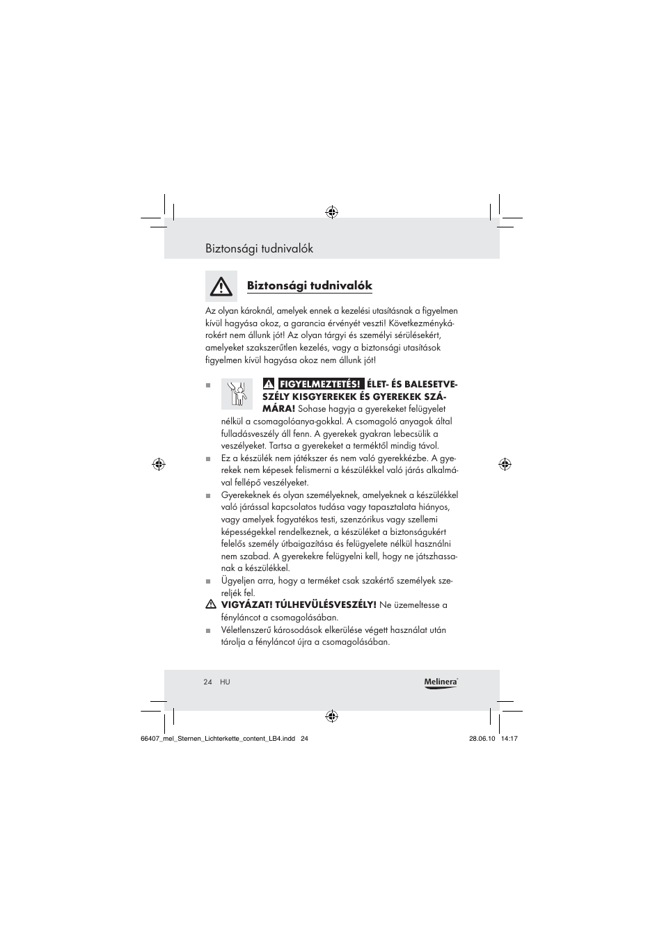 Biztonsági tudnivalók | Melinera Z30171 User Manual | Page 22 / 60