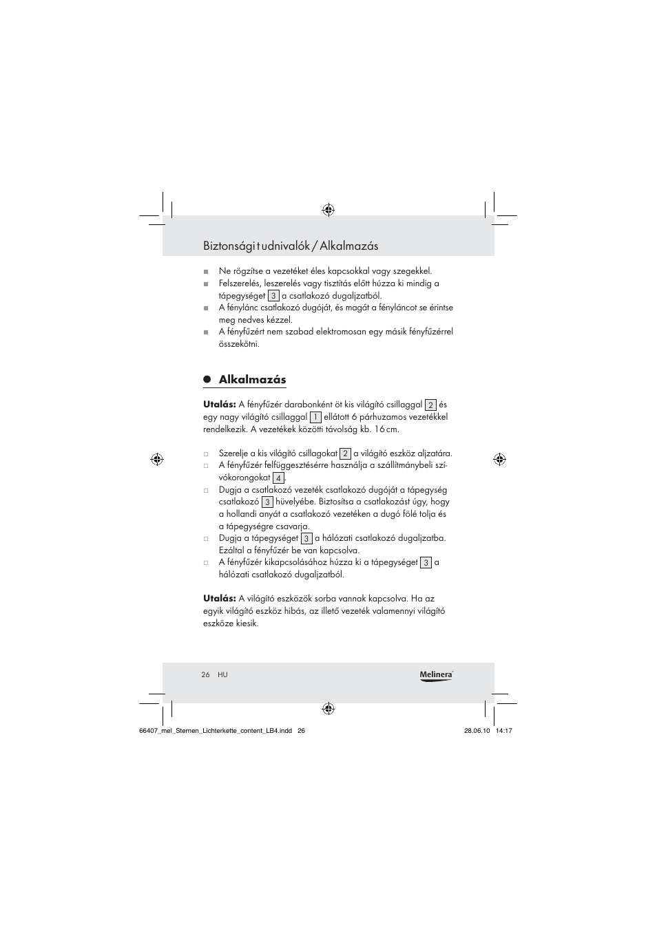 Biztonsági t udnivalók / alkalmazás, Alkalmazás | Melinera Z30171 User Manual | Page 24 / 60