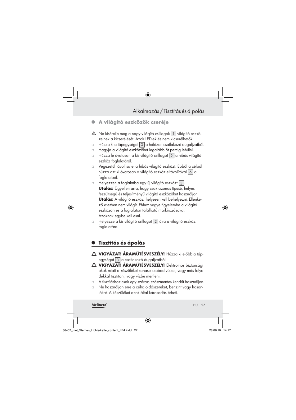 Alkalmazás / tisztítás йs б polás, A világító eszközök cseréje, Tisztítás és ápolás | Melinera Z30171 User Manual | Page 25 / 60