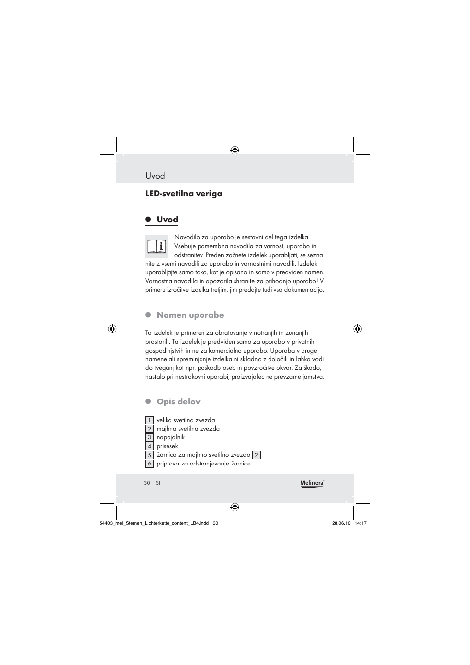 Uvod, Led-svetilna veriga, Namen uporabe | Opis delov | Melinera Z30171 User Manual | Page 28 / 60