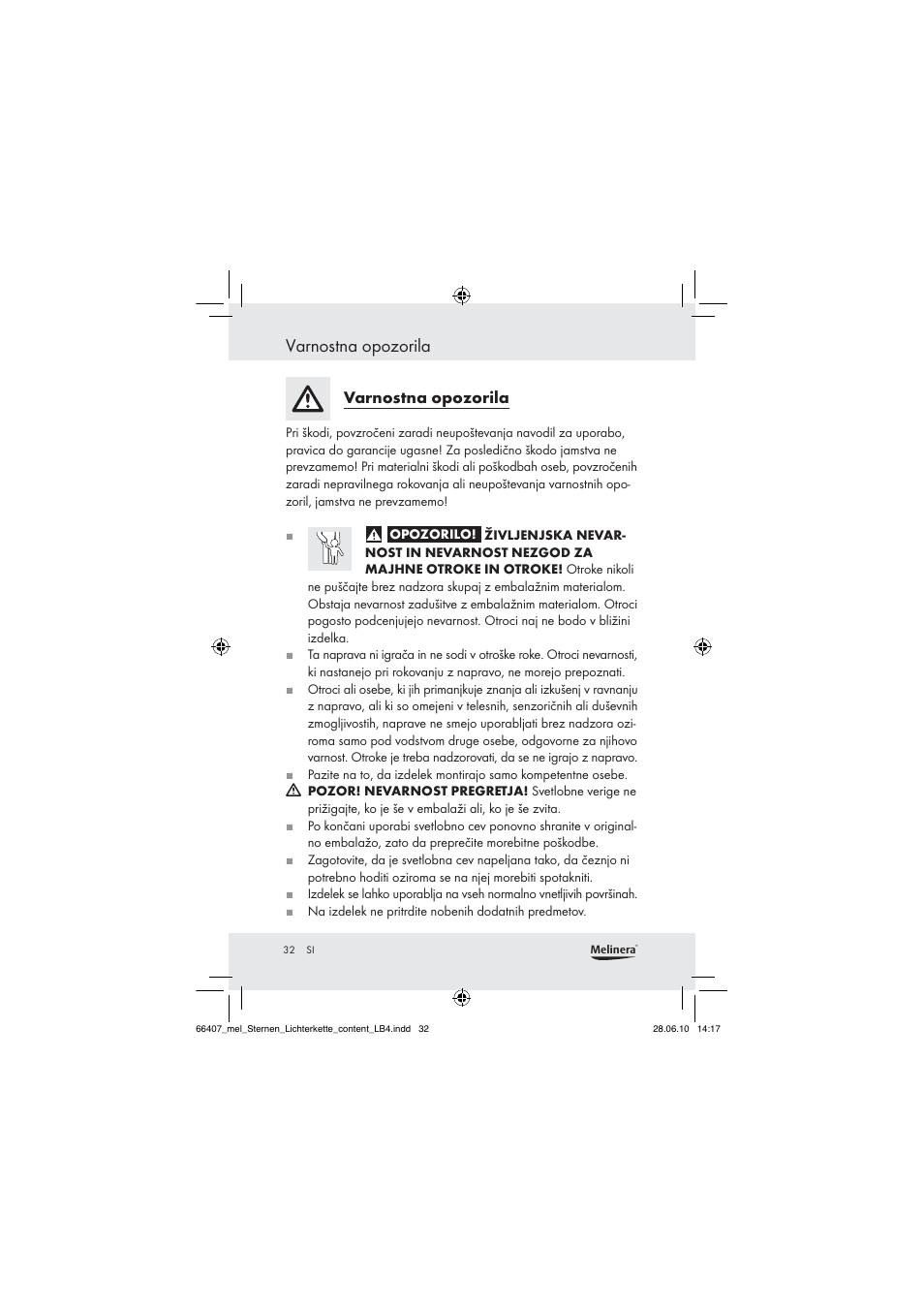 Varnostna opozorila | Melinera Z30171 User Manual | Page 30 / 60