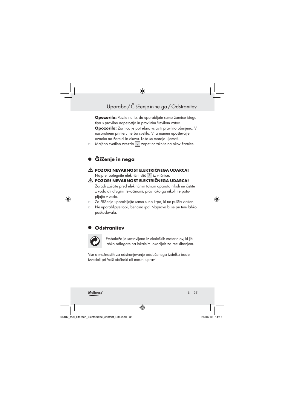 Uporaba / čiščenje in ne ga / odstranitev, Čiščenje in nega, Odstranitev | Melinera Z30171 User Manual | Page 33 / 60