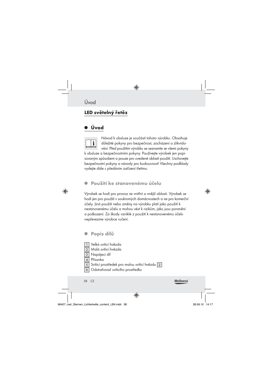 Úvod, Led světelný řetěz, Použití ke stanovenému účelu | Popis dílů | Melinera Z30171 User Manual | Page 38 / 60