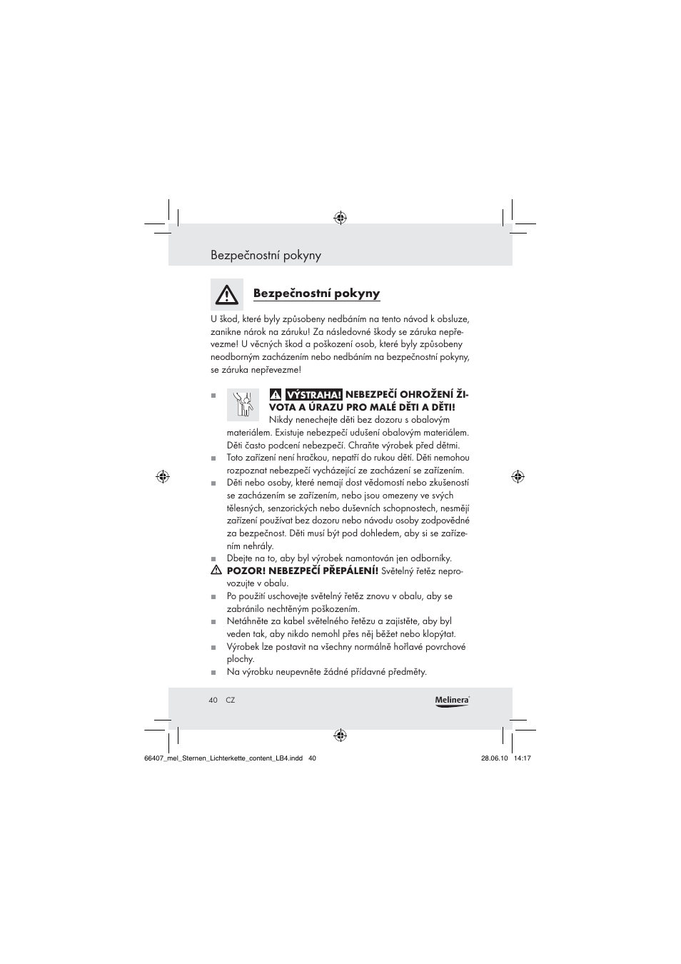Bezpečnostní pokyny | Melinera Z30171 User Manual | Page 40 / 60