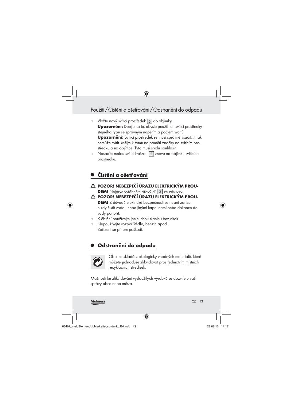 Čistění a ošetřování, Odstranění do odpadu | Melinera Z30171 User Manual | Page 43 / 60