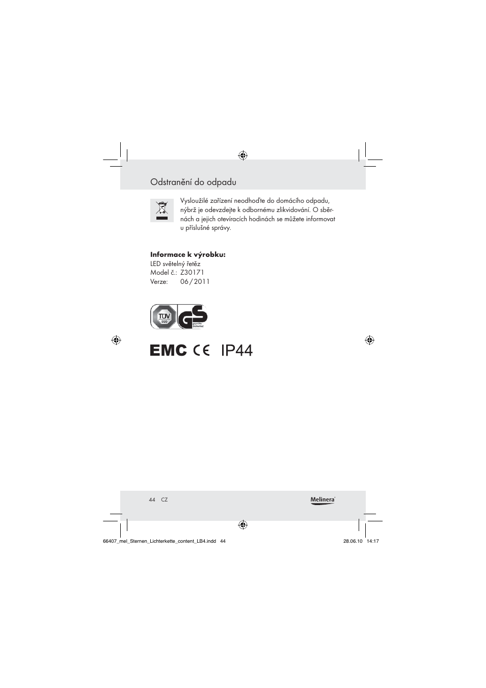 Odstranění do odpadu | Melinera Z30171 User Manual | Page 44 / 60