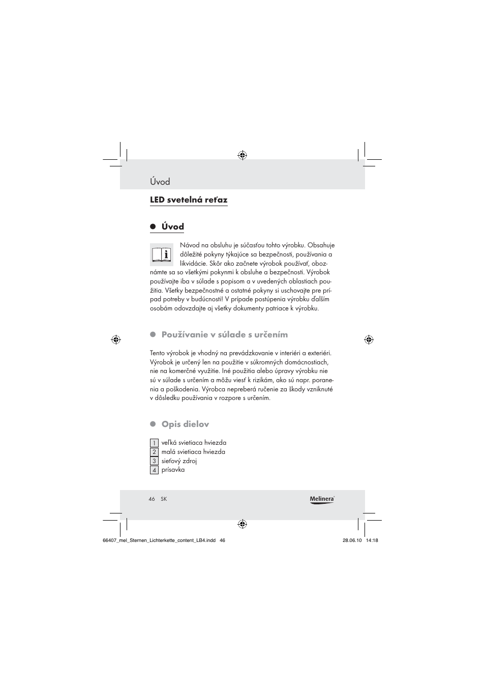 Úvod, Led svetelná reťaz, Používanie v súlade s určením | Opis dielov | Melinera Z30171 User Manual | Page 46 / 60