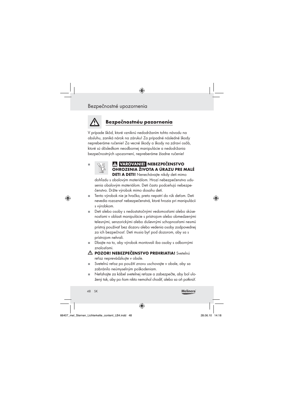 Bezpečnostné upozornenia, Bezpečnostné u pozornenia | Melinera Z30171 User Manual | Page 48 / 60
