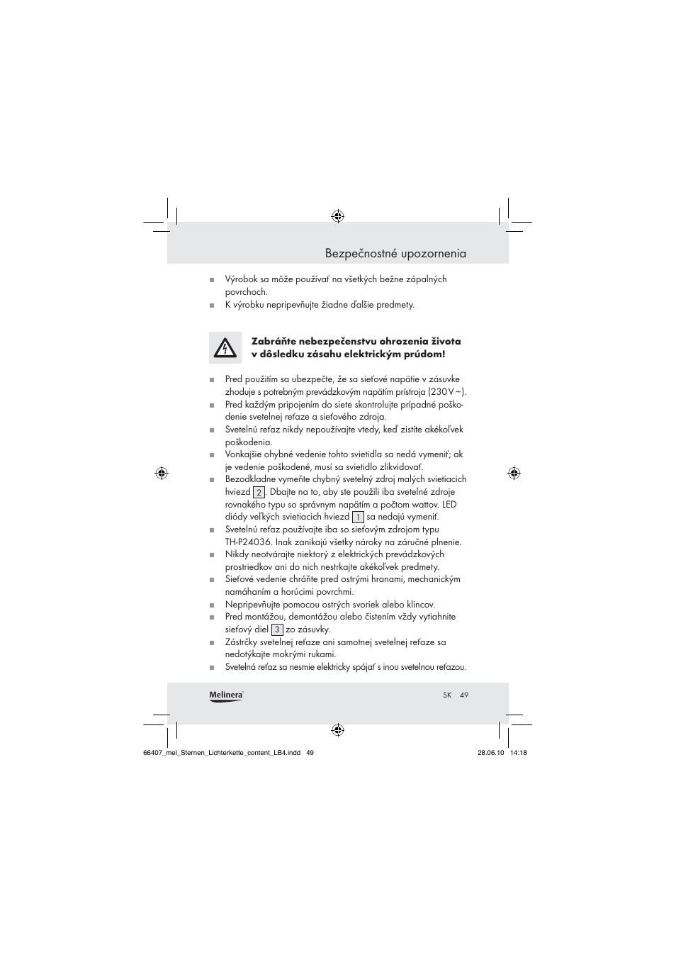 Bezpečnostné upozornenia | Melinera Z30171 User Manual | Page 49 / 60