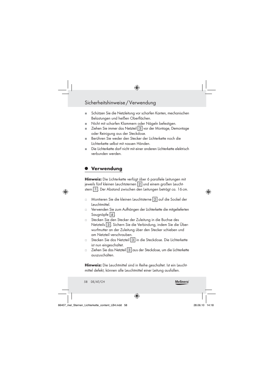 Sicherheitshinweise / verwendung, Verwendung | Melinera Z30171 User Manual | Page 58 / 60