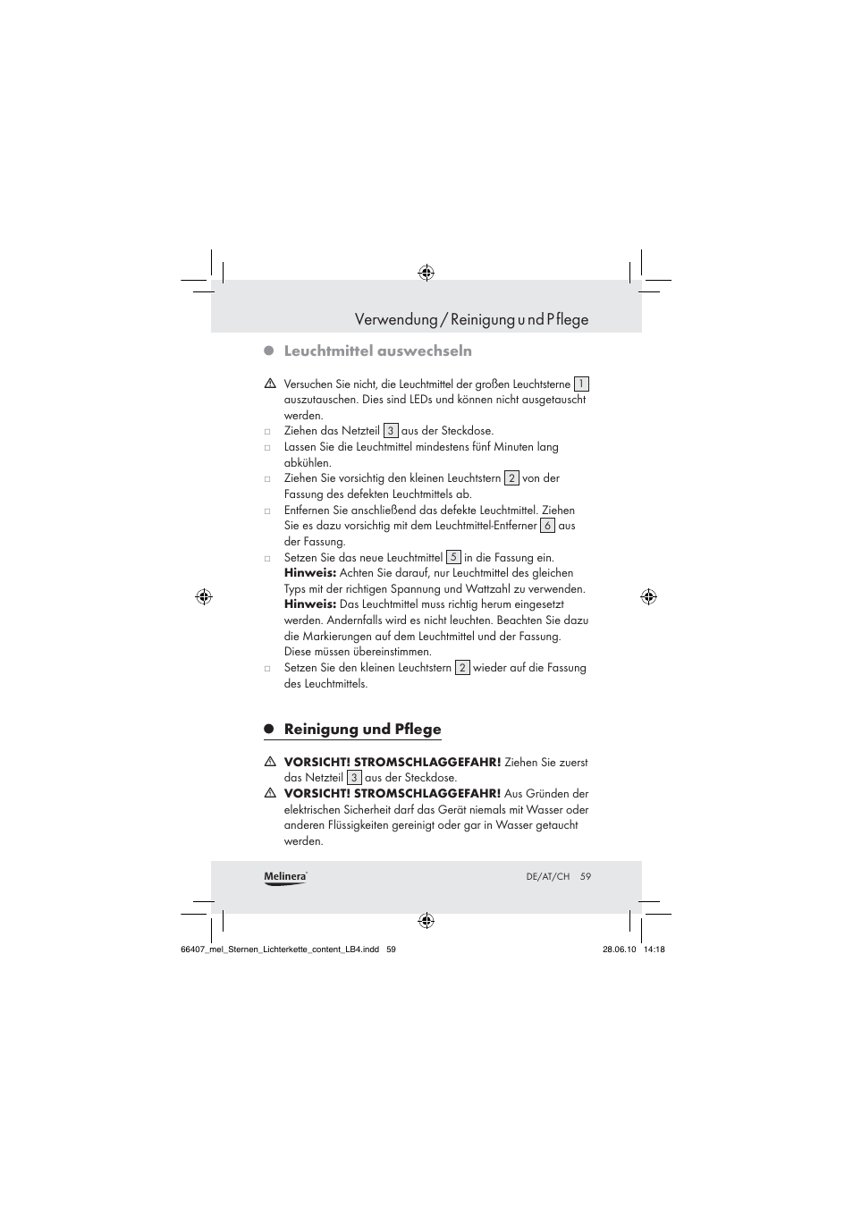 Verwendung / reinigung u nd p flege, Leuchtmittel auswechseln, Reinigung und pﬂege | Melinera Z30171 User Manual | Page 59 / 60