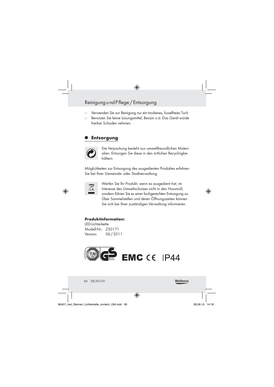 Reinigung u nd p flege / entsorgung | Melinera Z30171 User Manual | Page 60 / 60