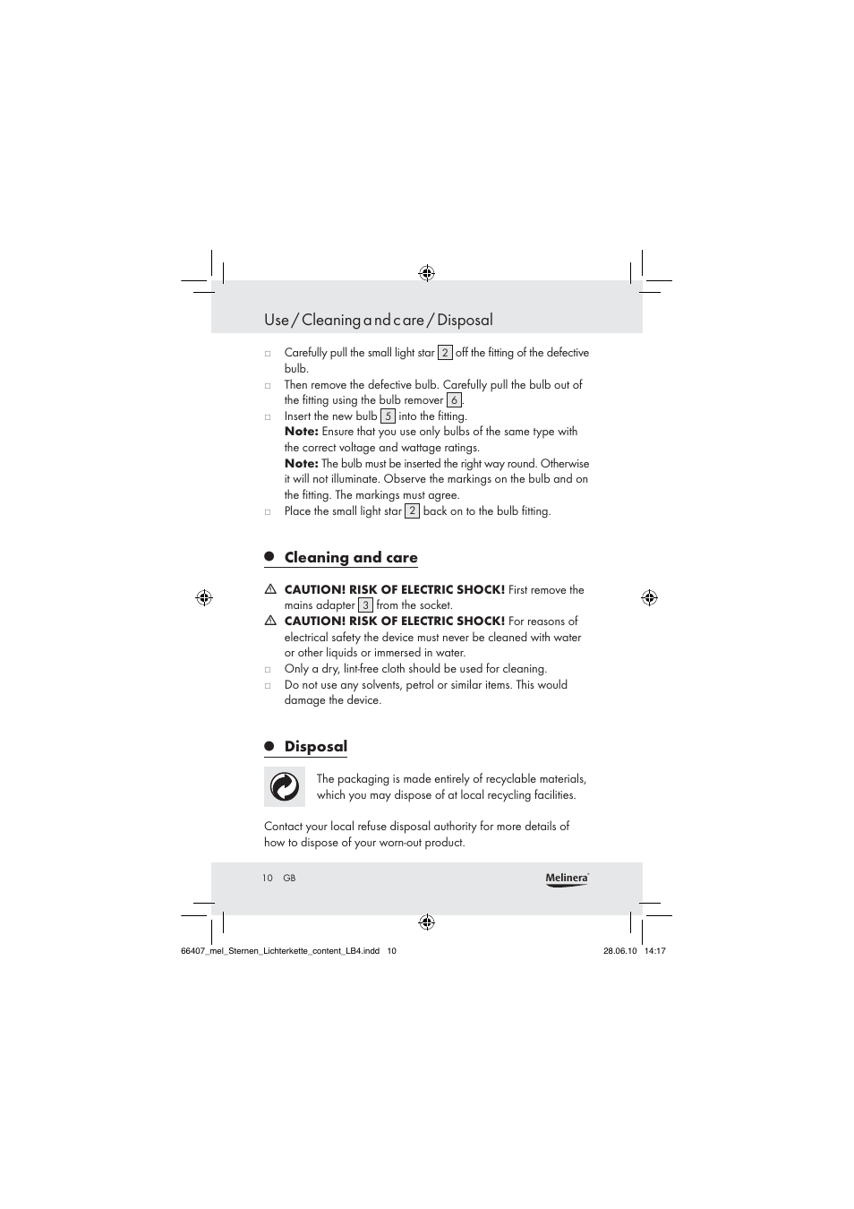 Use / cleaning a nd c are / disposal, Cleaning and care, Disposal | Melinera Z30171 User Manual | Page 8 / 60