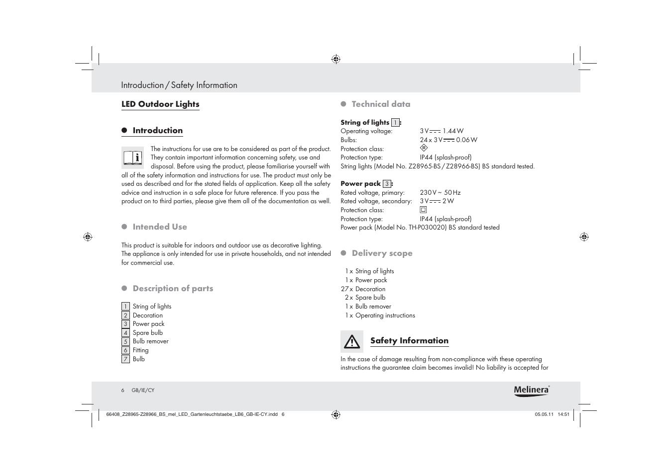 Introduction / safety information | Melinera Z28965-BS User Manual | Page 4 / 14