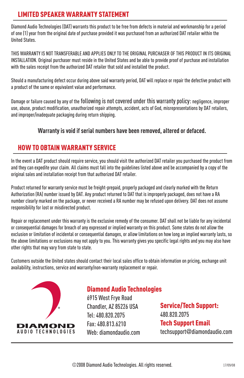 Limited speaker warranty statement, How to obtain warranty service, Diamond audio technologies | Service/tech support, Tech support email | Diamond Audio Technology D161.5 User Manual | Page 8 / 8