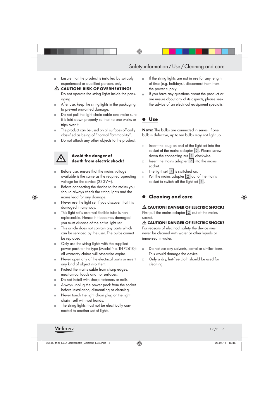 Safety information / use / cleaning and care | Melinera Z30251-BS User Manual | Page 3 / 4