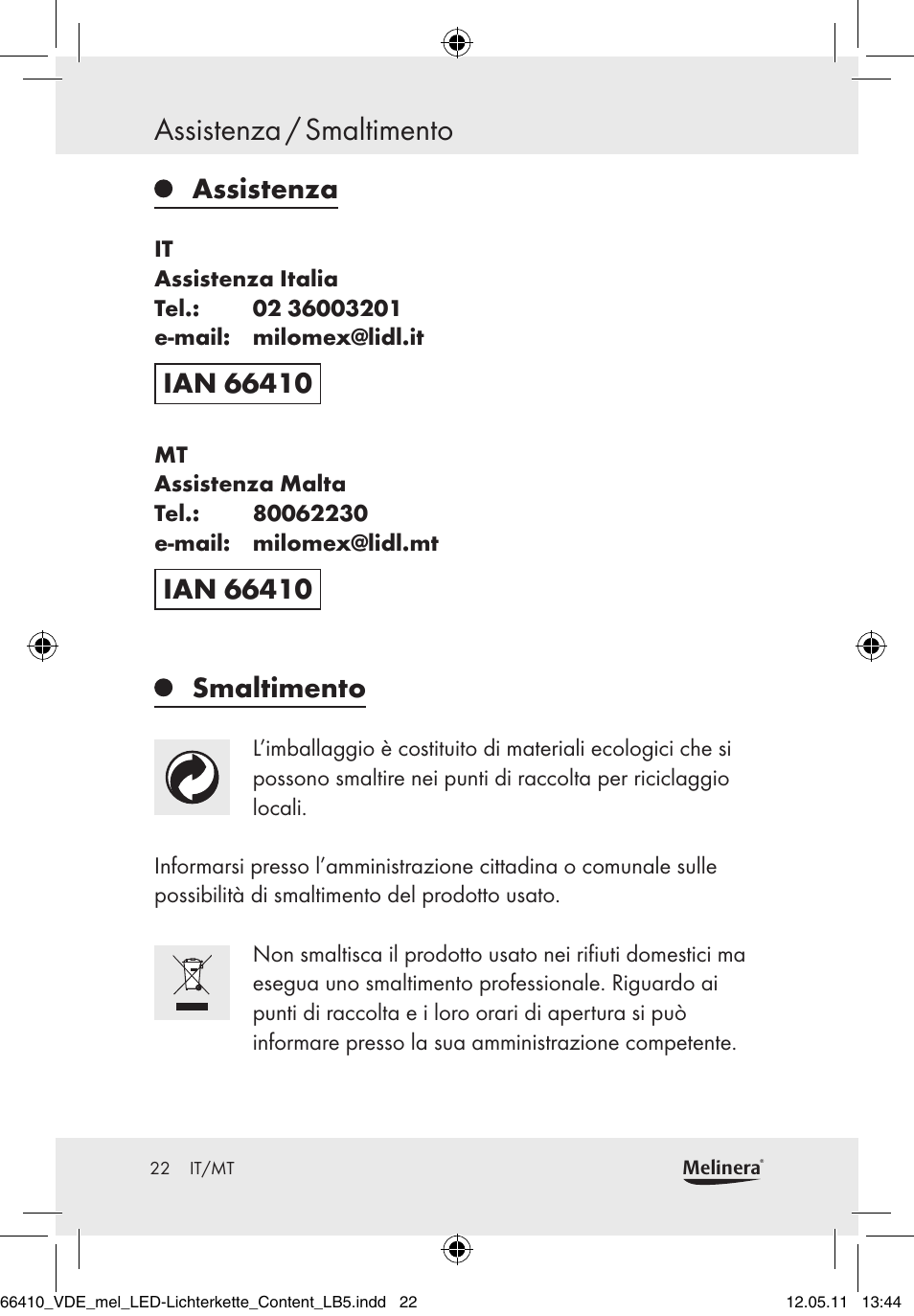 Assistenza / smaltimento, Assistenza | Melinera Z30233A-BS/Z30233B-BS User Manual | Page 20 / 49