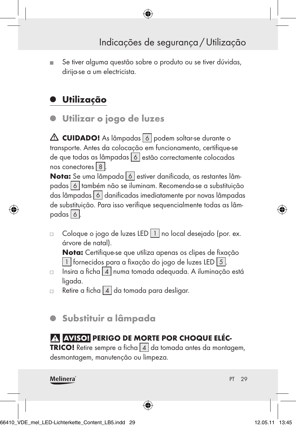Indicações de segurança / utilização, Utilização, Utilizar o jogo de luzes | Substituir a lâmpada | Melinera Z30233A-BS/Z30233B-BS User Manual | Page 27 / 49