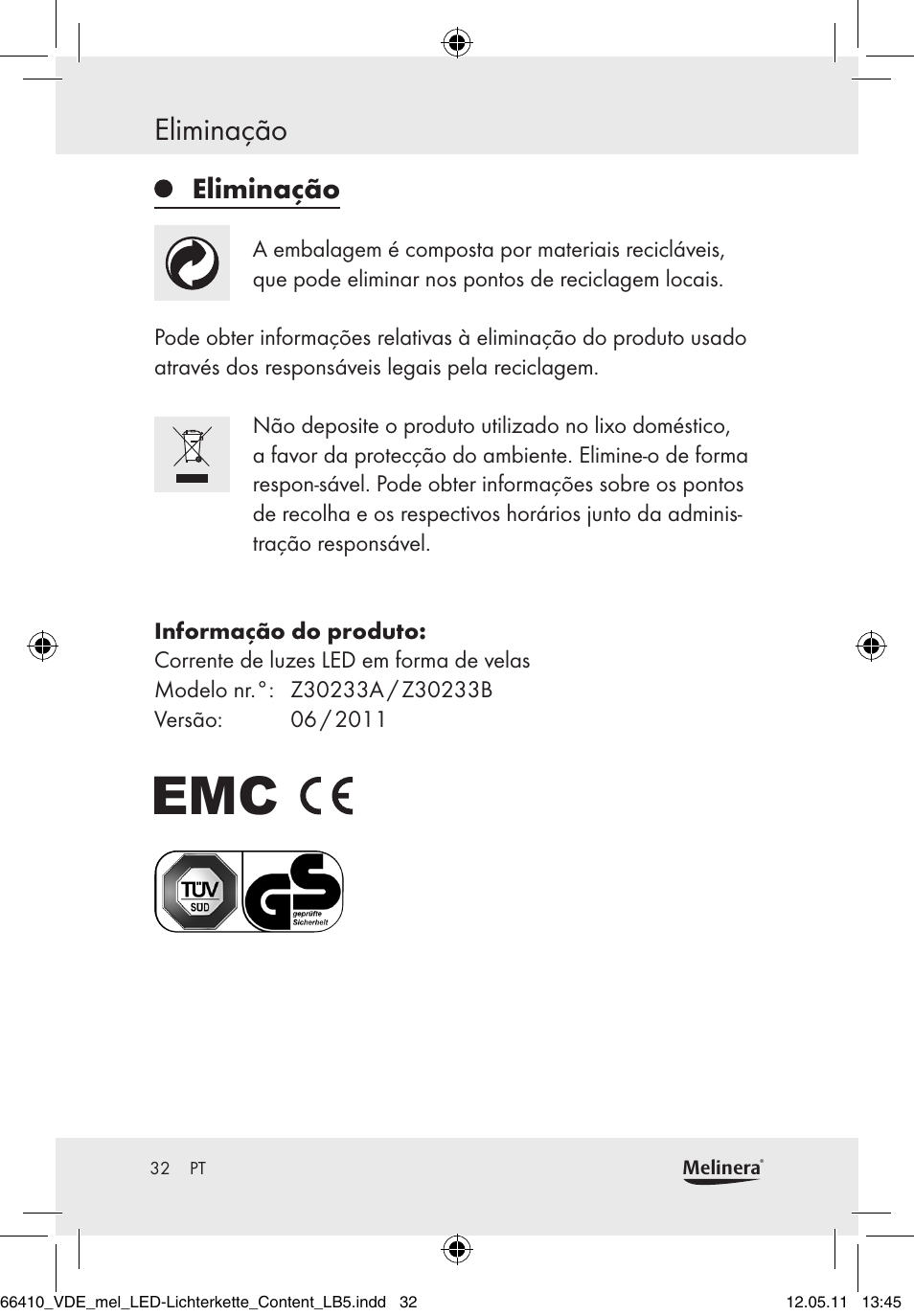 Eliminação | Melinera Z30233A-BS/Z30233B-BS User Manual | Page 30 / 49