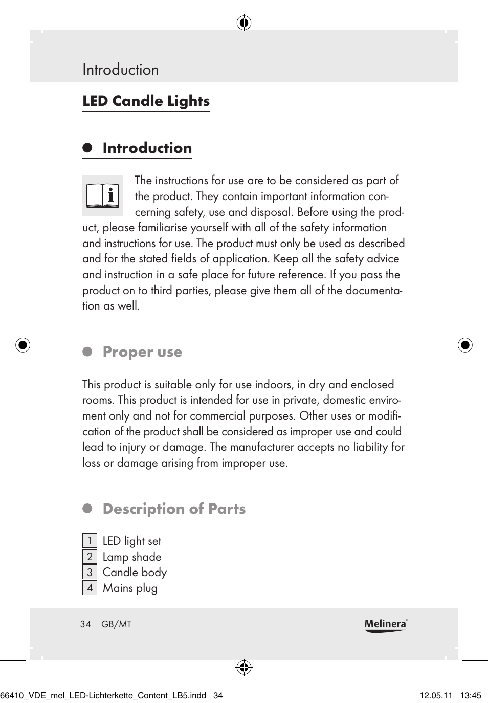 Introduction, Led candle lights introduction, Proper use | Description of parts | Melinera Z30233A-BS/Z30233B-BS User Manual | Page 32 / 49