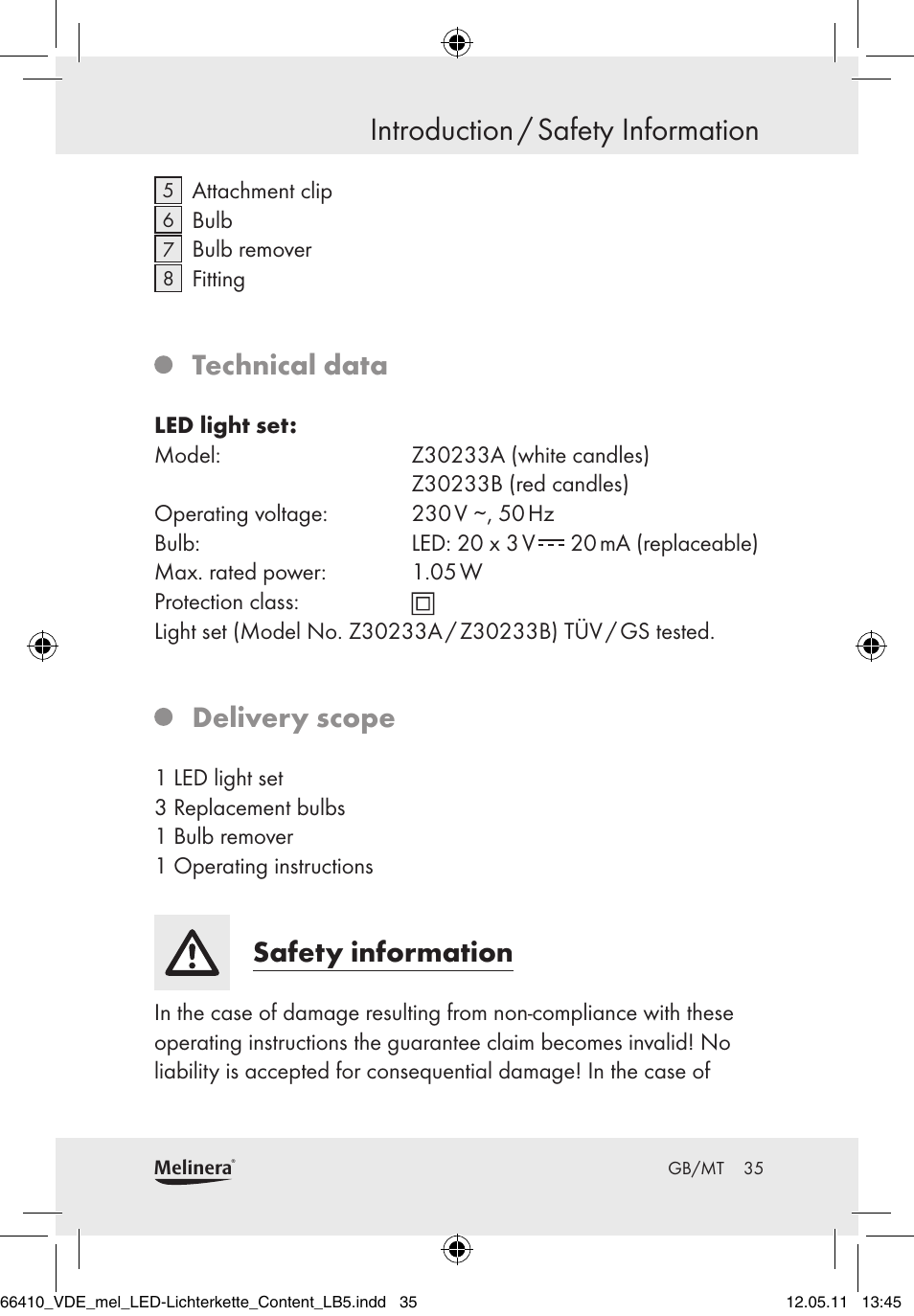 Introduction / safety information, Technical data, Delivery scope | Safety information | Melinera Z30233A-BS/Z30233B-BS User Manual | Page 33 / 49