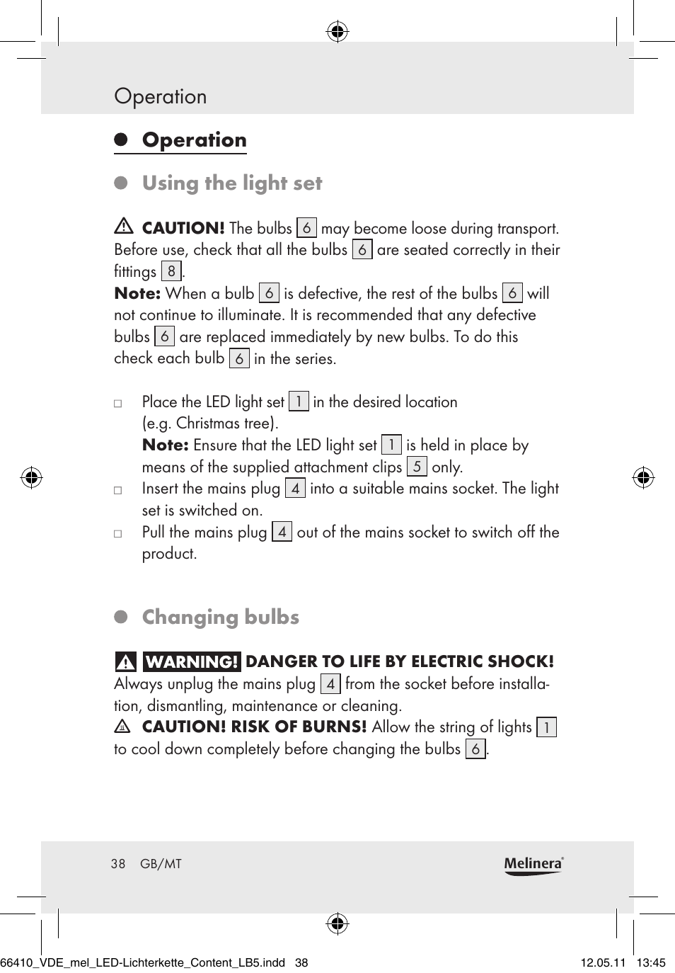 Operation, Operation using the light set, Changing bulbs | Melinera Z30233A-BS/Z30233B-BS User Manual | Page 36 / 49