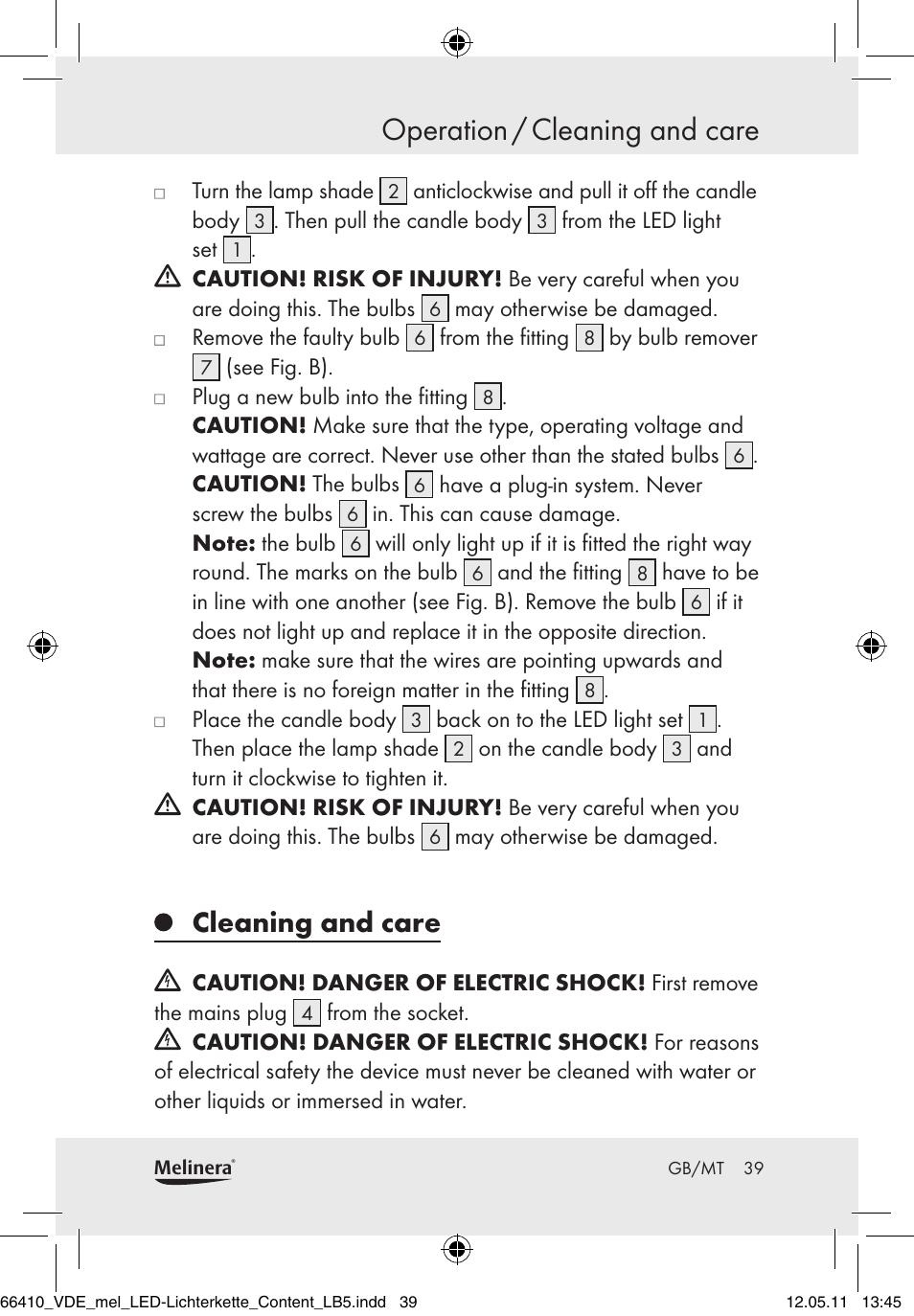 Operation / cleaning and care, Cleaning and care | Melinera Z30233A-BS/Z30233B-BS User Manual | Page 37 / 49
