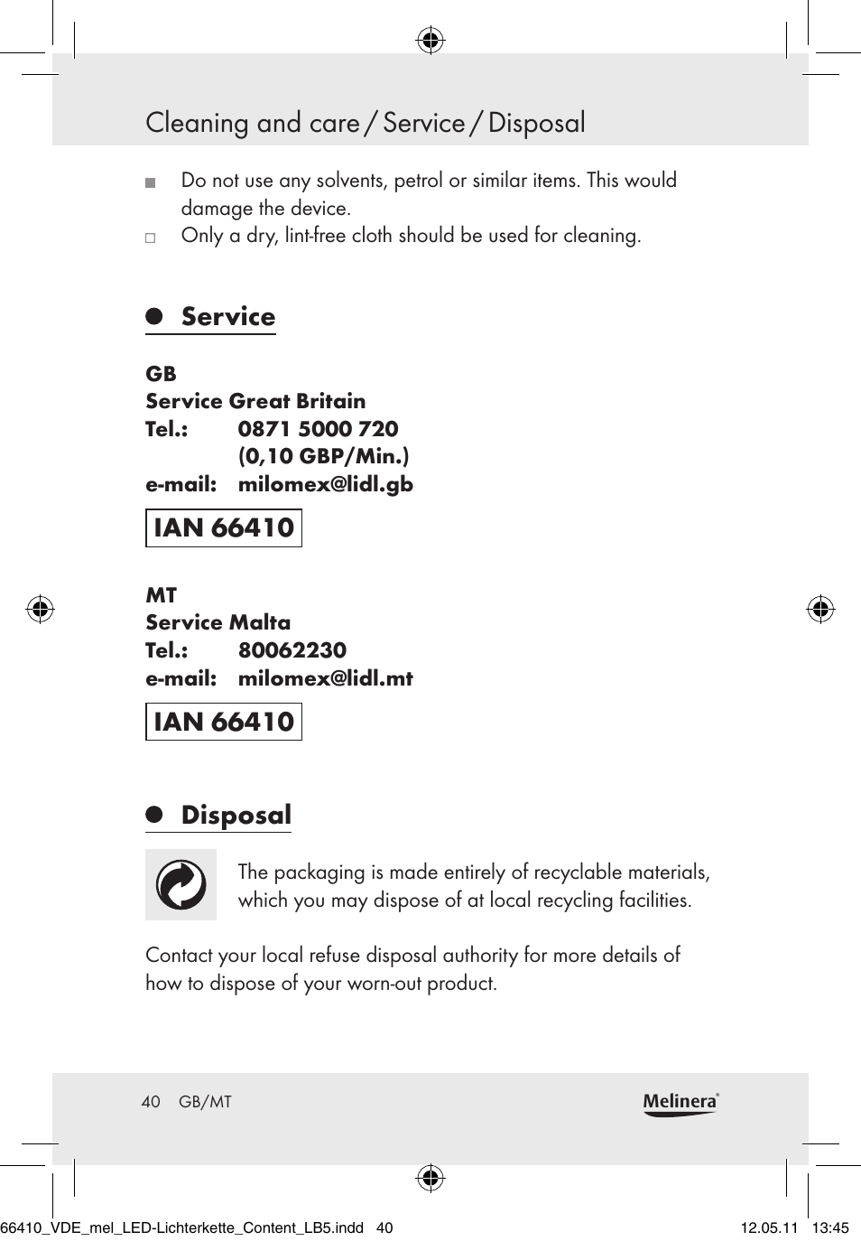 Cleaning and care / service / disposal, Service, Disposal | Melinera Z30233A-BS/Z30233B-BS User Manual | Page 38 / 49