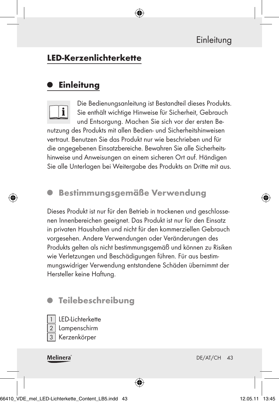 Einleitung, Led-kerzenlichterkette, Bestimmungsgemäße verwendung | Teilebeschreibung | Melinera Z30233A-BS/Z30233B-BS User Manual | Page 41 / 49