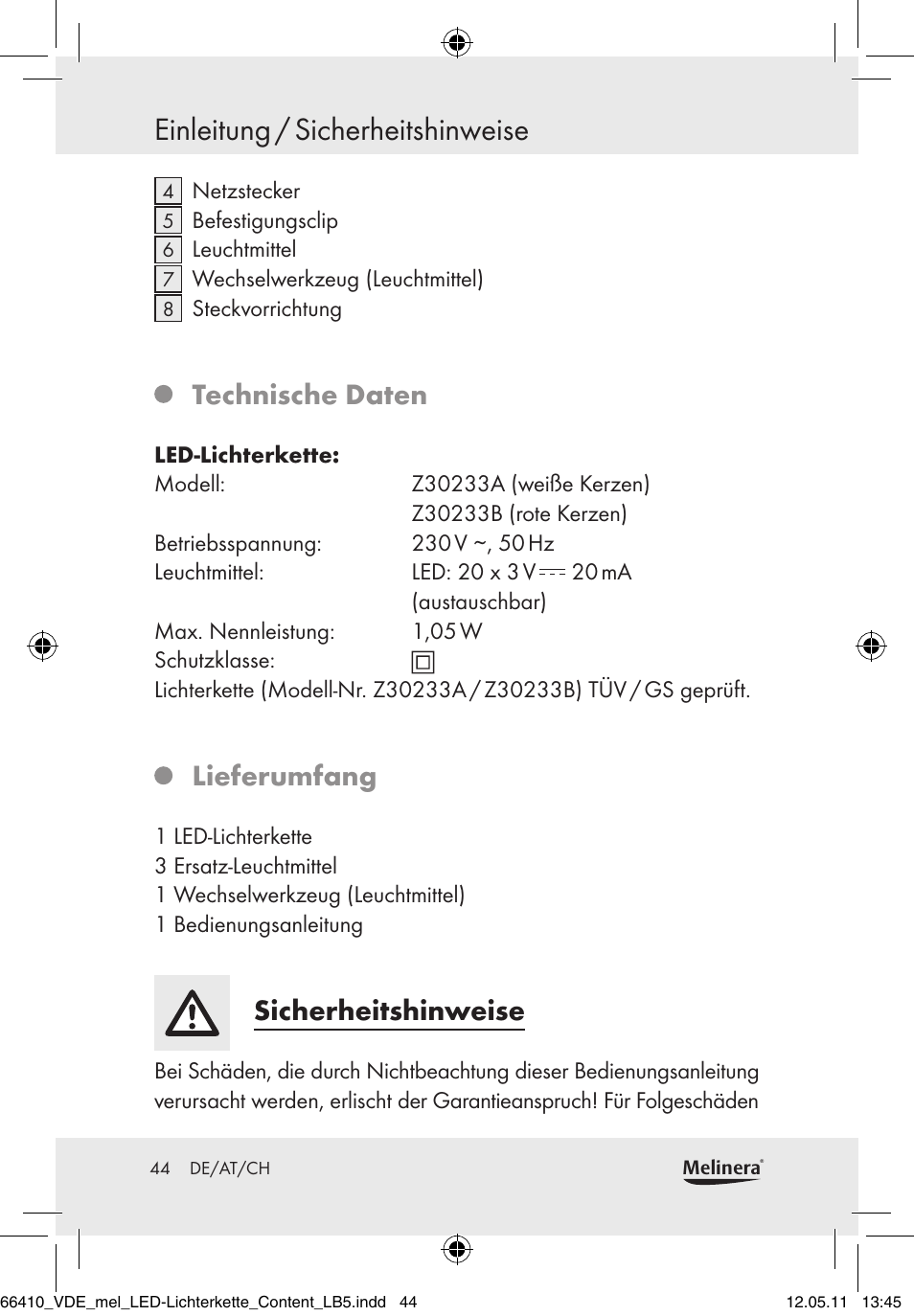 Einleitung / sicherheitshinweise, Technische daten, Lieferumfang | Sicherheitshinweise | Melinera Z30233A-BS/Z30233B-BS User Manual | Page 42 / 49