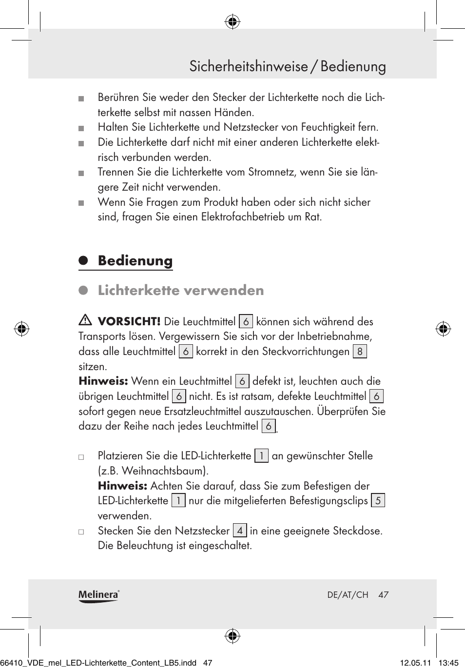 Sicherheitshinweise / bedienung, Bedienung lichterkette verwenden | Melinera Z30233A-BS/Z30233B-BS User Manual | Page 45 / 49