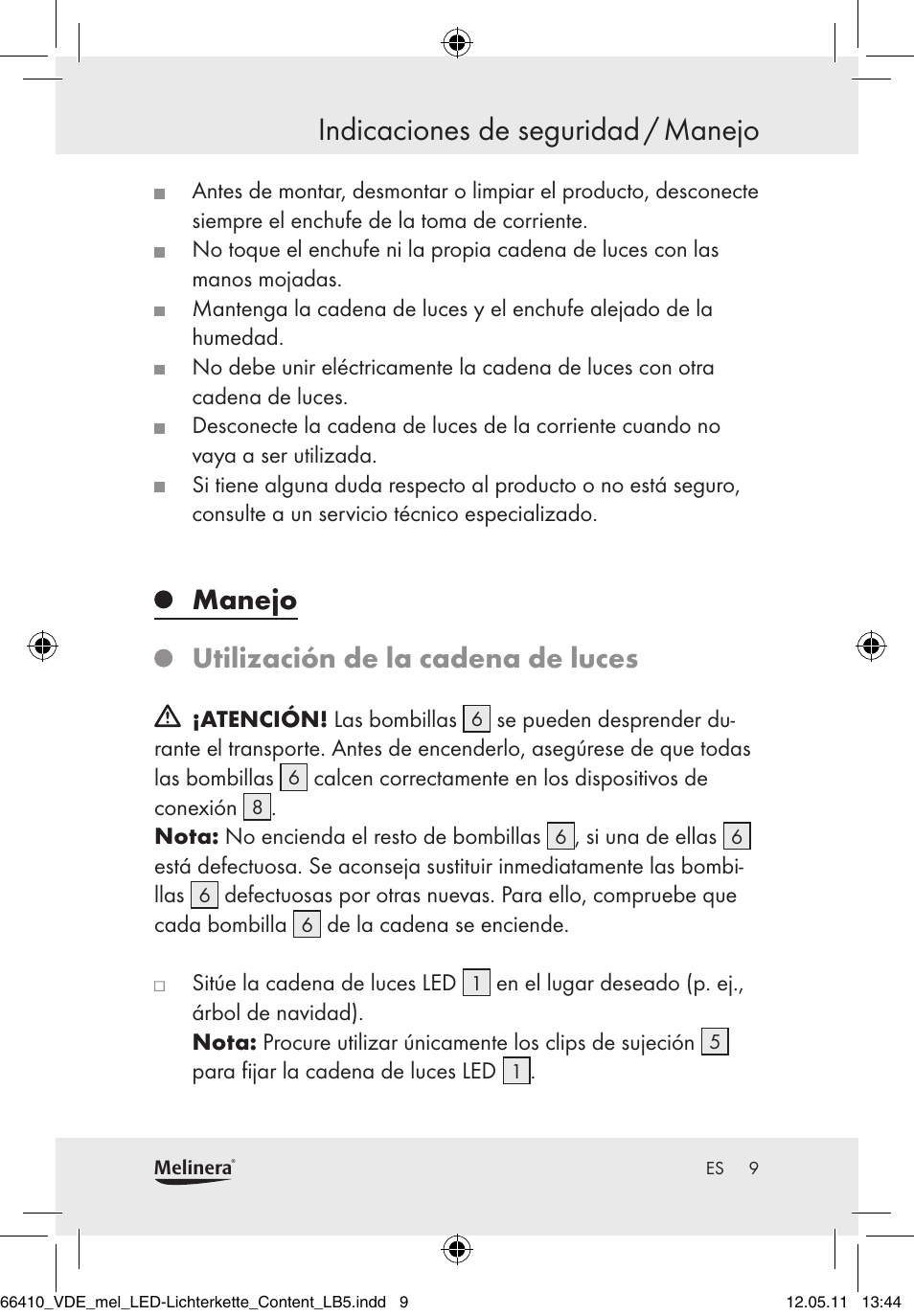Indicaciones de seguridad / manejo, Manejo utilización de la cadena de luces | Melinera Z30233A-BS/Z30233B-BS User Manual | Page 7 / 49