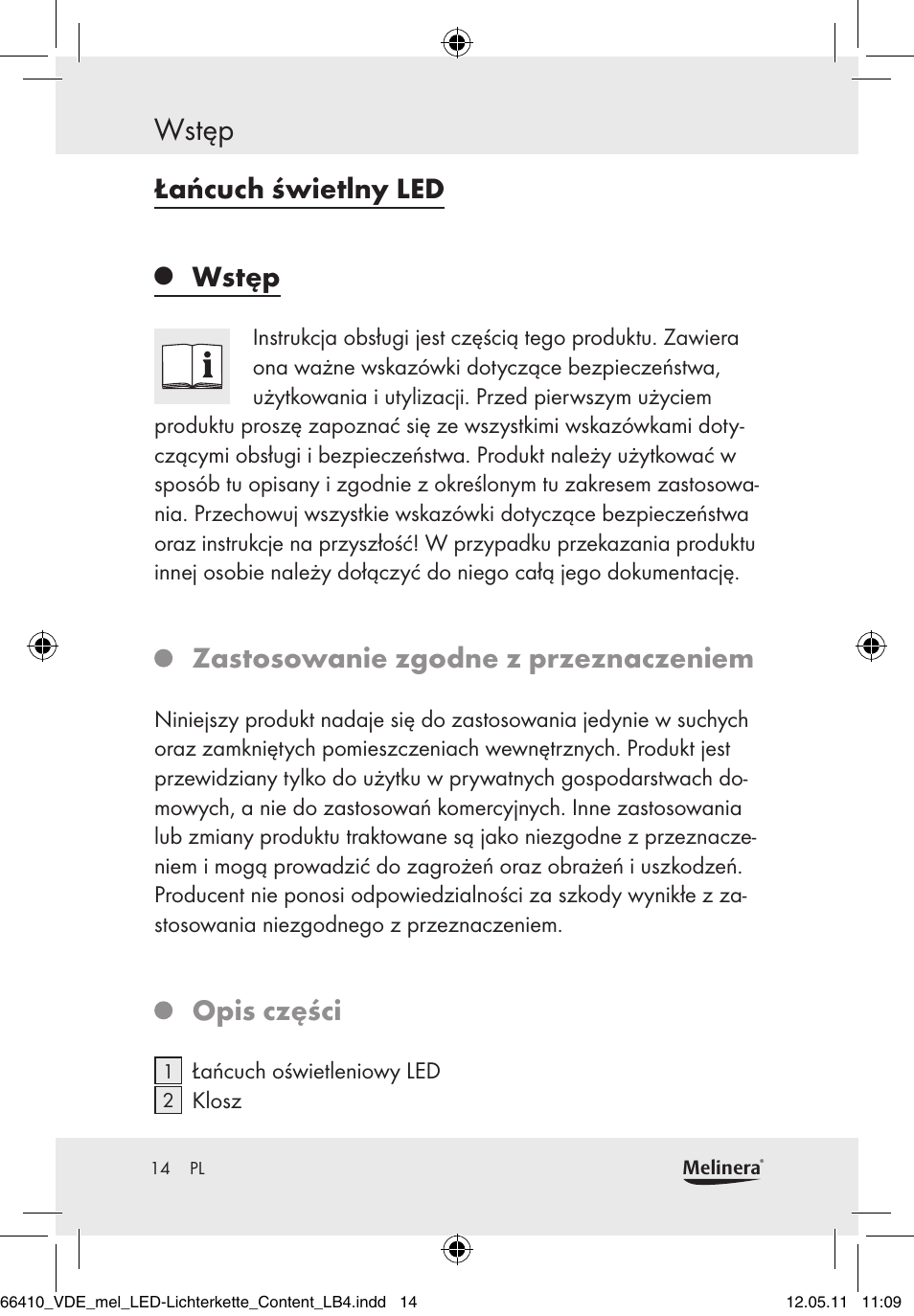 Wstęp, Łańcuch świetlny led, Zastosowanie zgodne z przeznaczeniem | Opis części | Melinera Z30233A-BS/Z30233B-BS User Manual | Page 12 / 68