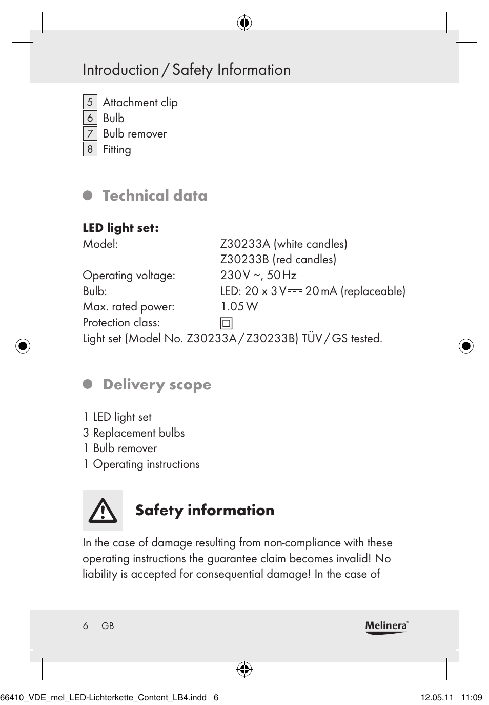 Introduction / safety information, Technical data, Delivery scope | Safety information | Melinera Z30233A-BS/Z30233B-BS User Manual | Page 4 / 68