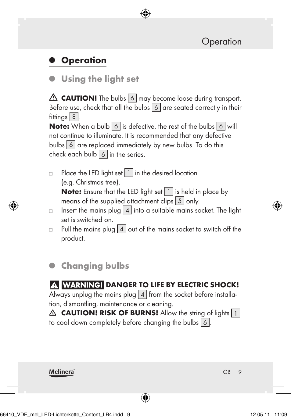 Operation, Operation using the light set, Changing bulbs | Melinera Z30233A-BS/Z30233B-BS User Manual | Page 7 / 68