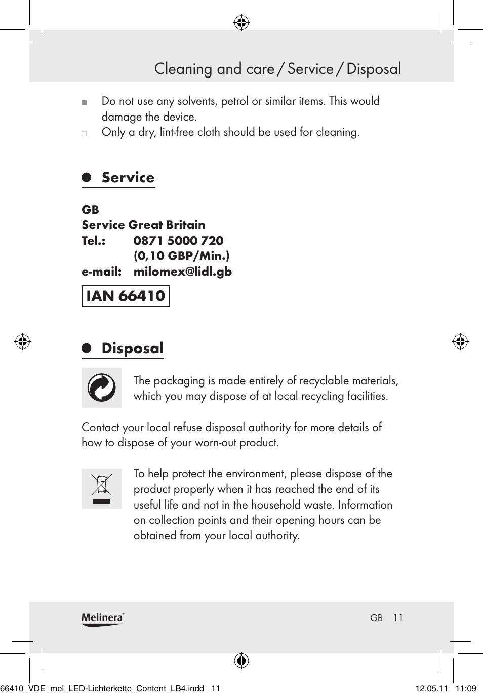 Cleaning and care / service / disposal, Service, Disposal | Melinera Z30233A-BS/Z30233B-BS User Manual | Page 9 / 68