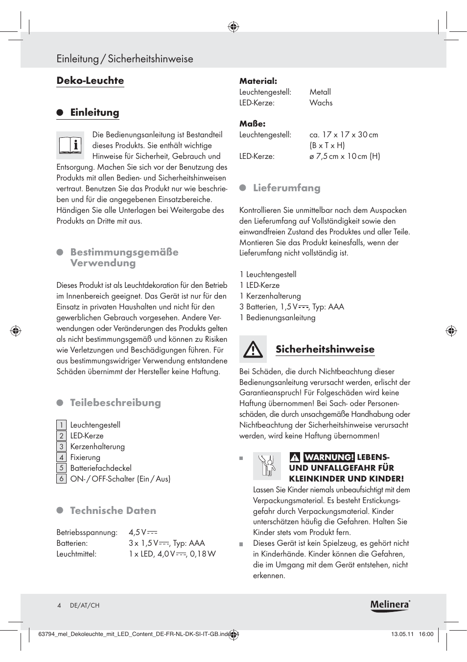Einleitung / sicherheitshinweise, Deko-leuchte einleitung, Bestimmungsgemäße verwendung | Teilebeschreibung, Technische daten, Lieferumfang, Sicherheitshinweise | Melinera Z30771 User Manual | Page 2 / 24