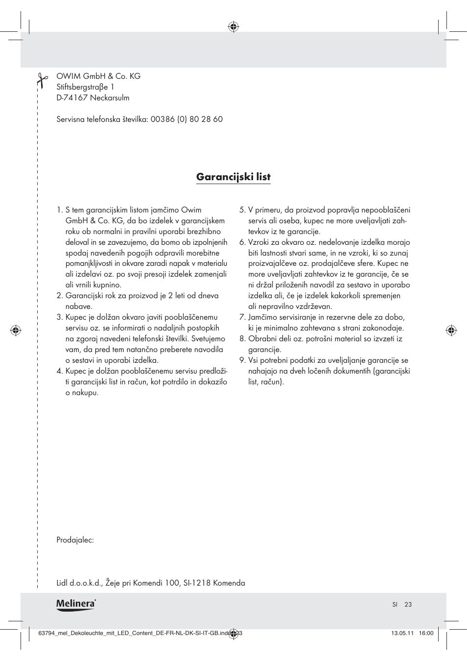 Garancijski list | Melinera Z30771 User Manual | Page 21 / 24