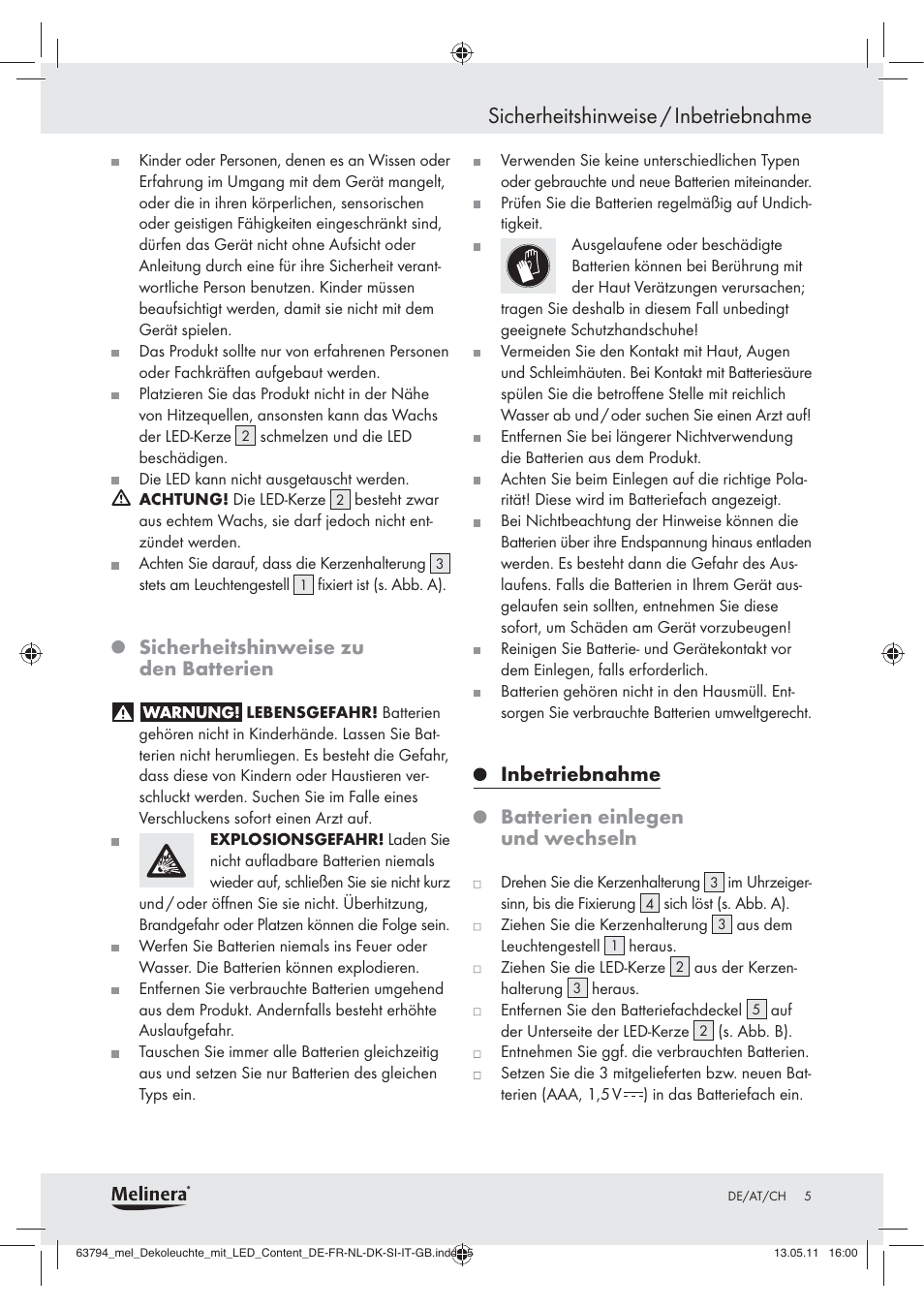Sicherheitshinweise / inbetriebnahme, Sicherheitshinweise zu den batterien, Inbetriebnahme batterien einlegen und wechseln | Melinera Z30771 User Manual | Page 3 / 24