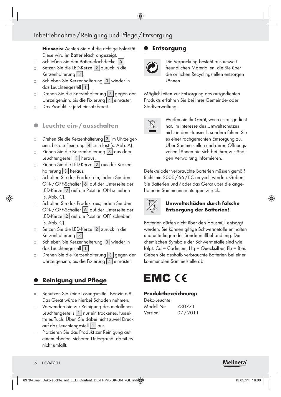 Inbetriebnahme / reinigung und pflege / entsorgung, Leuchte ein- / ausschalten, Reinigung und pﬂege | Entsorgung | Melinera Z30771 User Manual | Page 4 / 24
