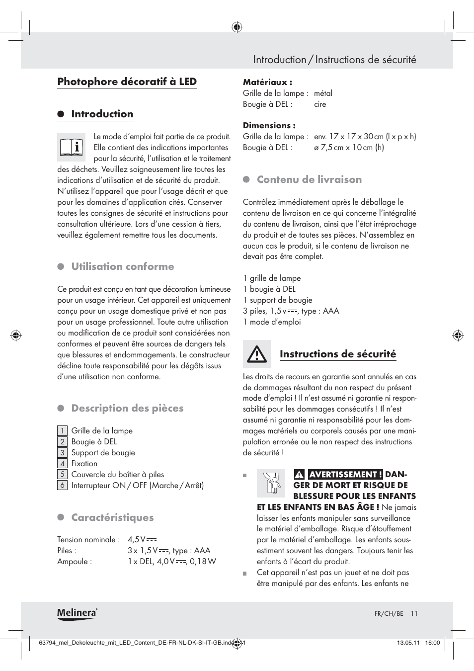 Introduction / instructions de sécurité, Photophore décoratif à led introduction, Utilisation conforme | Description des pièces, Caractéristiques, Contenu de livraison, Instructions de sécurité | Melinera Z30771 User Manual | Page 9 / 24