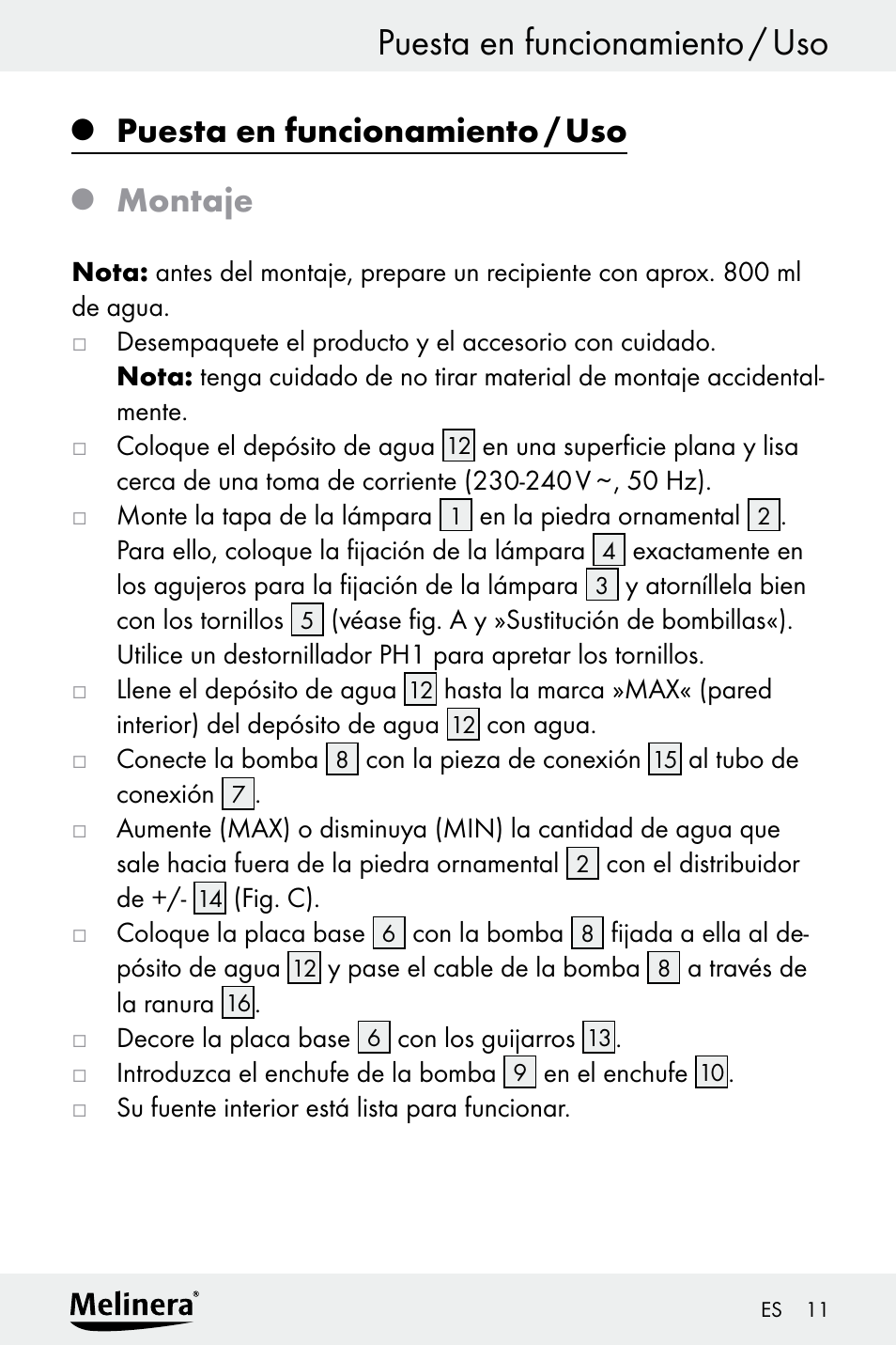 Puesta en funcionamiento / uso, Montaje | Melinera Z30094A-D User Manual | Page 11 / 68