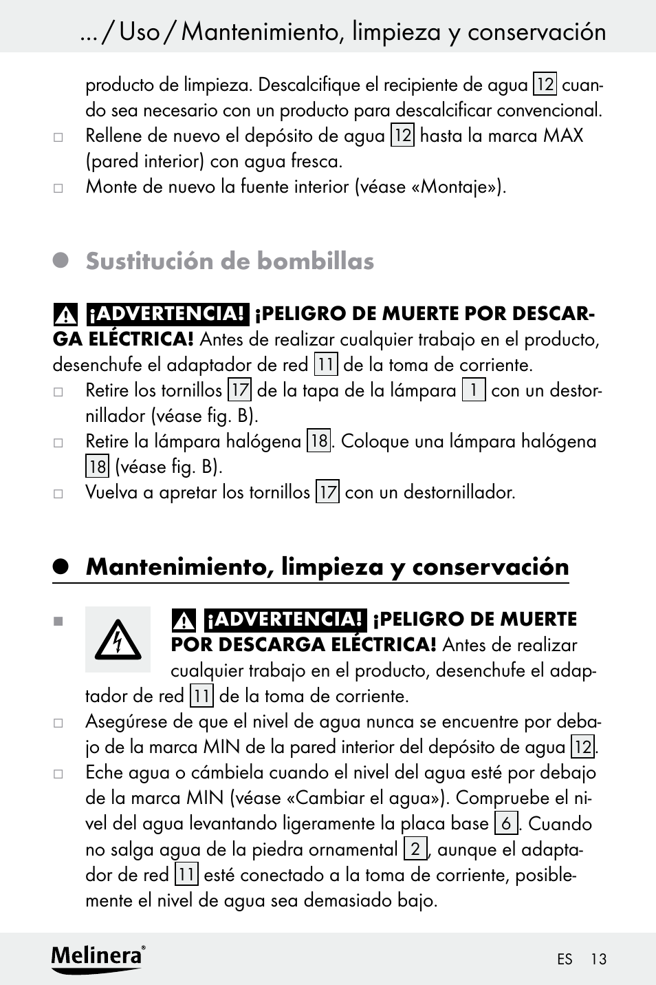 Uso / mantenimiento, limpieza y conservación, Sustitución de bombillas, Mantenimiento, limpieza y conservación | Melinera Z30094A-D User Manual | Page 13 / 68