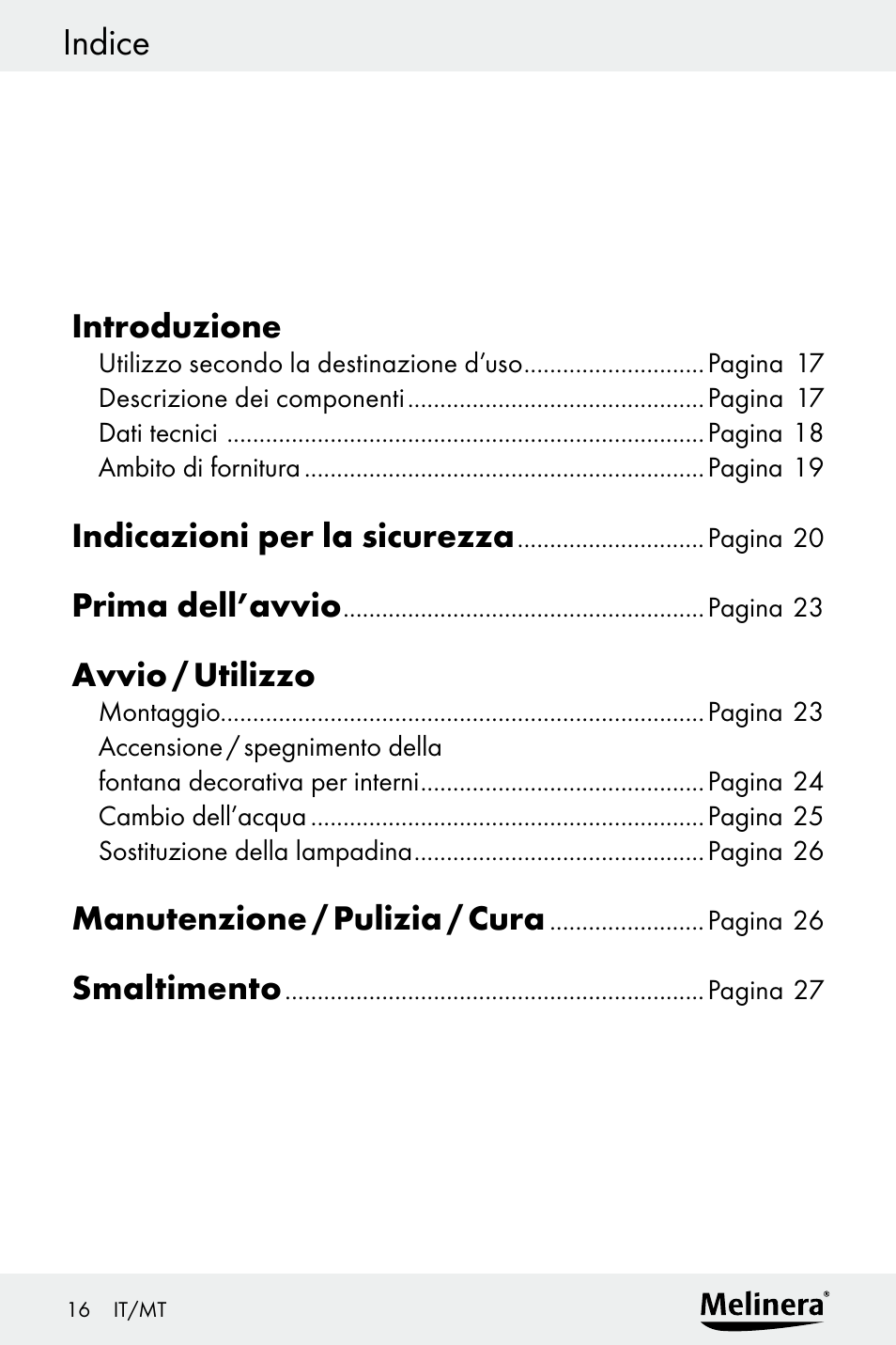 Indice | Melinera Z30094A-D User Manual | Page 16 / 68