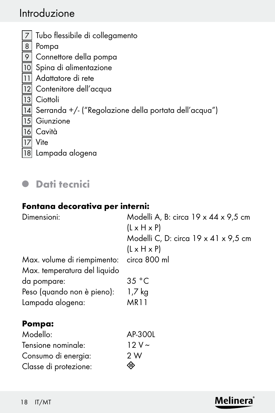 Introduzione, Dati tecnici | Melinera Z30094A-D User Manual | Page 18 / 68