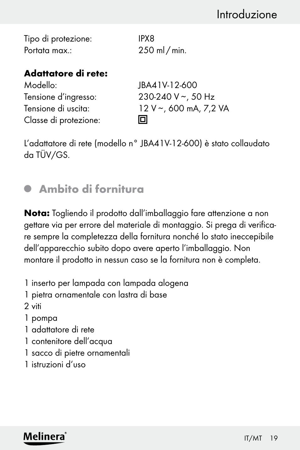 Introduzione, Ambito di fornitura | Melinera Z30094A-D User Manual | Page 19 / 68